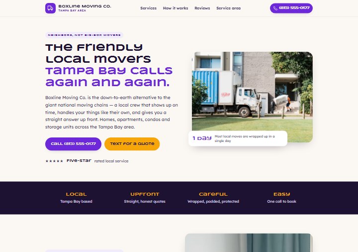 Moving company template preview — royal grape and marigold on cream