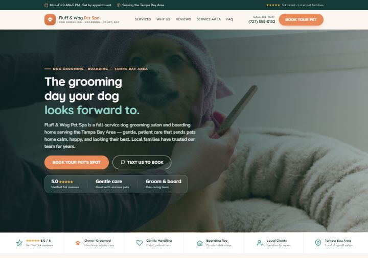 Pet grooming template preview — warm peach and teal rounded design