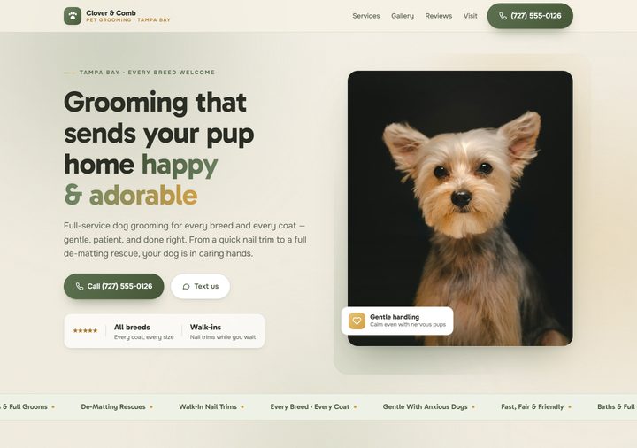 Pet grooming template preview — light glow in ivory, sage and honey gold
