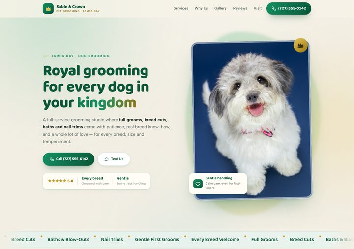 Pet grooming template preview — light glow in warm cream and emerald