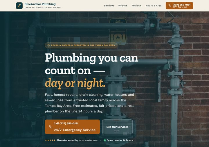 Plumbing template preview — petrol blue and copper design