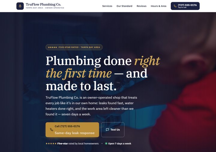 Plumbing template preview — deep indigo design with brass accents