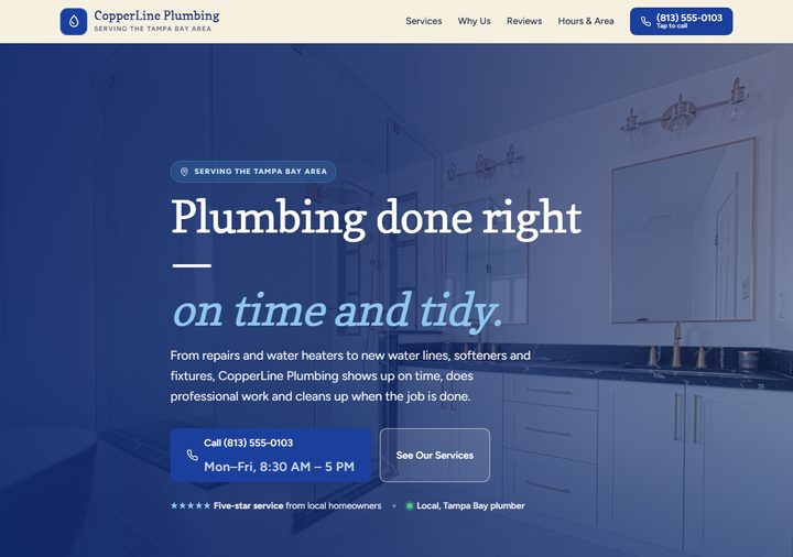 Plumbing template preview — royal blue and sand design