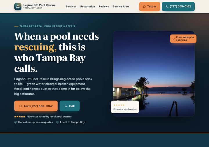 Pool care template preview — twilight navy and sunset design