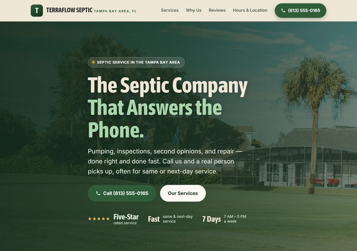 Septic service template preview — forest green and gold on warm tan