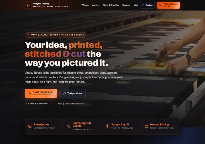 Signs and apparel template preview — near-black with hot orange and electric blue aurora