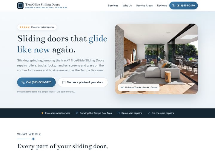 Sliding doors template preview — deep ink and glass-blue on ice white