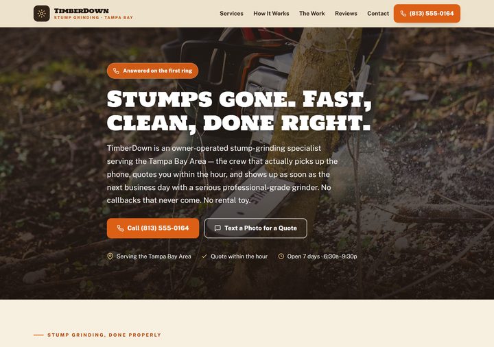 Stump grinding template preview — sawdust cream and walnut with cut-orange