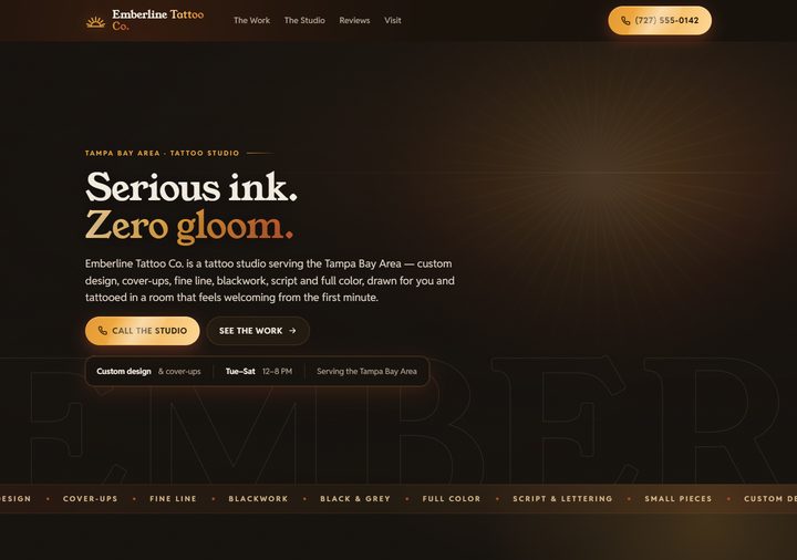 Tattoo studio template preview — golden-hour typographic design, warm near-black with sienna and sol gold