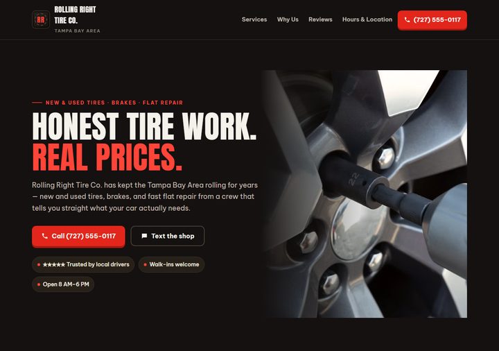 Tire shop template preview — dark industrial design with red accents