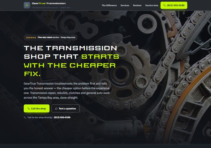 Transmission shop template preview — gunmetal steel and stencil type on crisp white