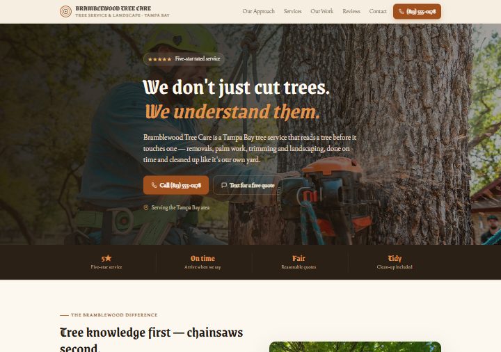 Tree service template preview — walnut bark and copper on warm oat