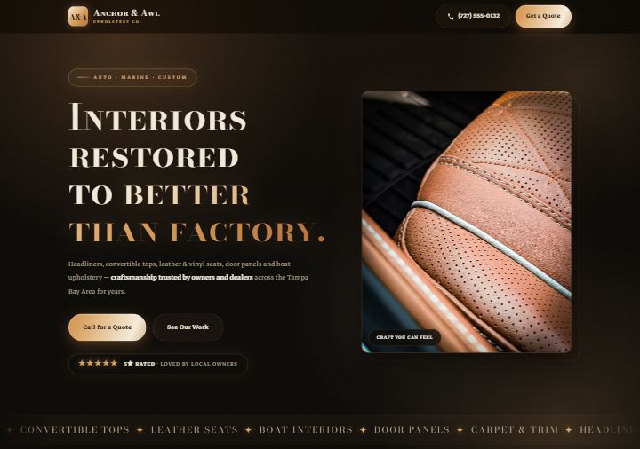 Auto and marine upholstery template preview — dark leather tones with saddle tan