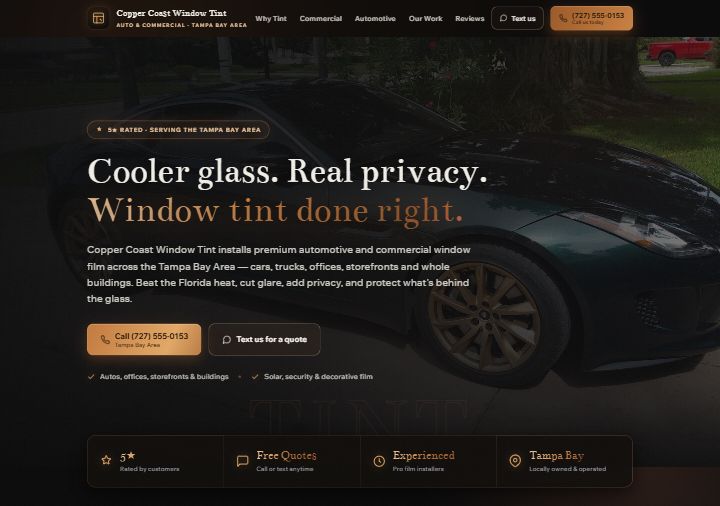Window tinting template preview — matte black with copper-bronze accents