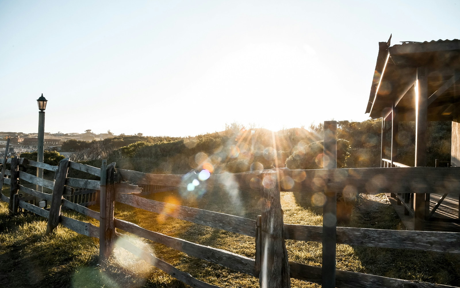 A timber rail fence running along a grassy property line, lit from behind by low golden sunlight
