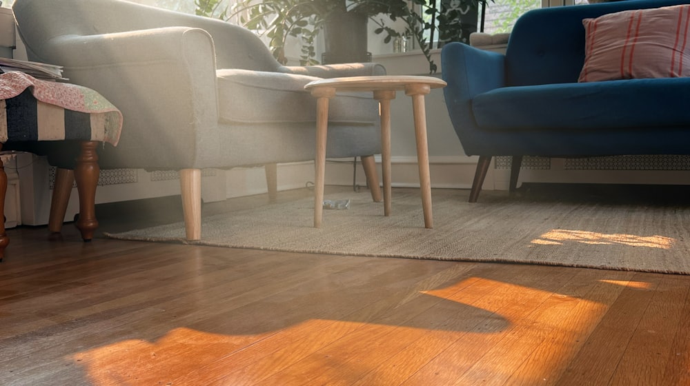 Rich wood-look plank flooring installed across a bright, furnished living room