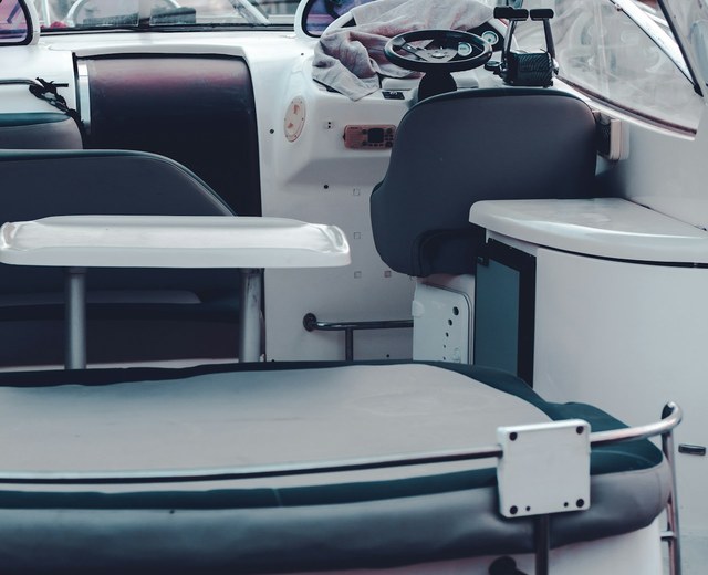 Boat cockpit with new marine upholstery and helm seating