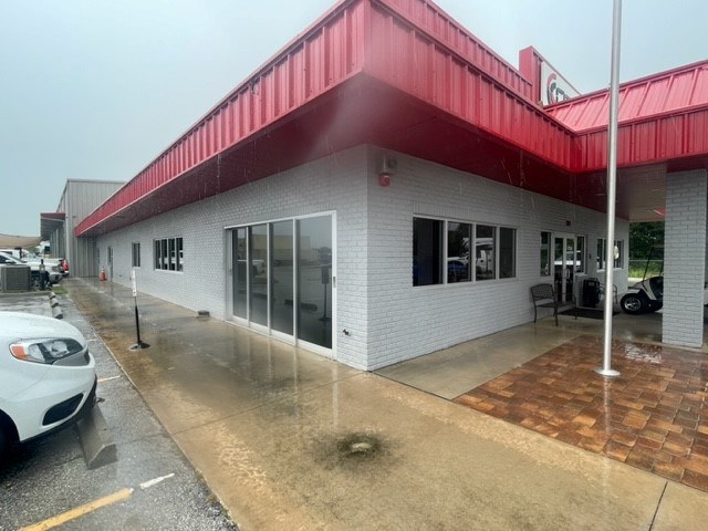 Commercial building exterior with freshly tinted sliding-glass windows
